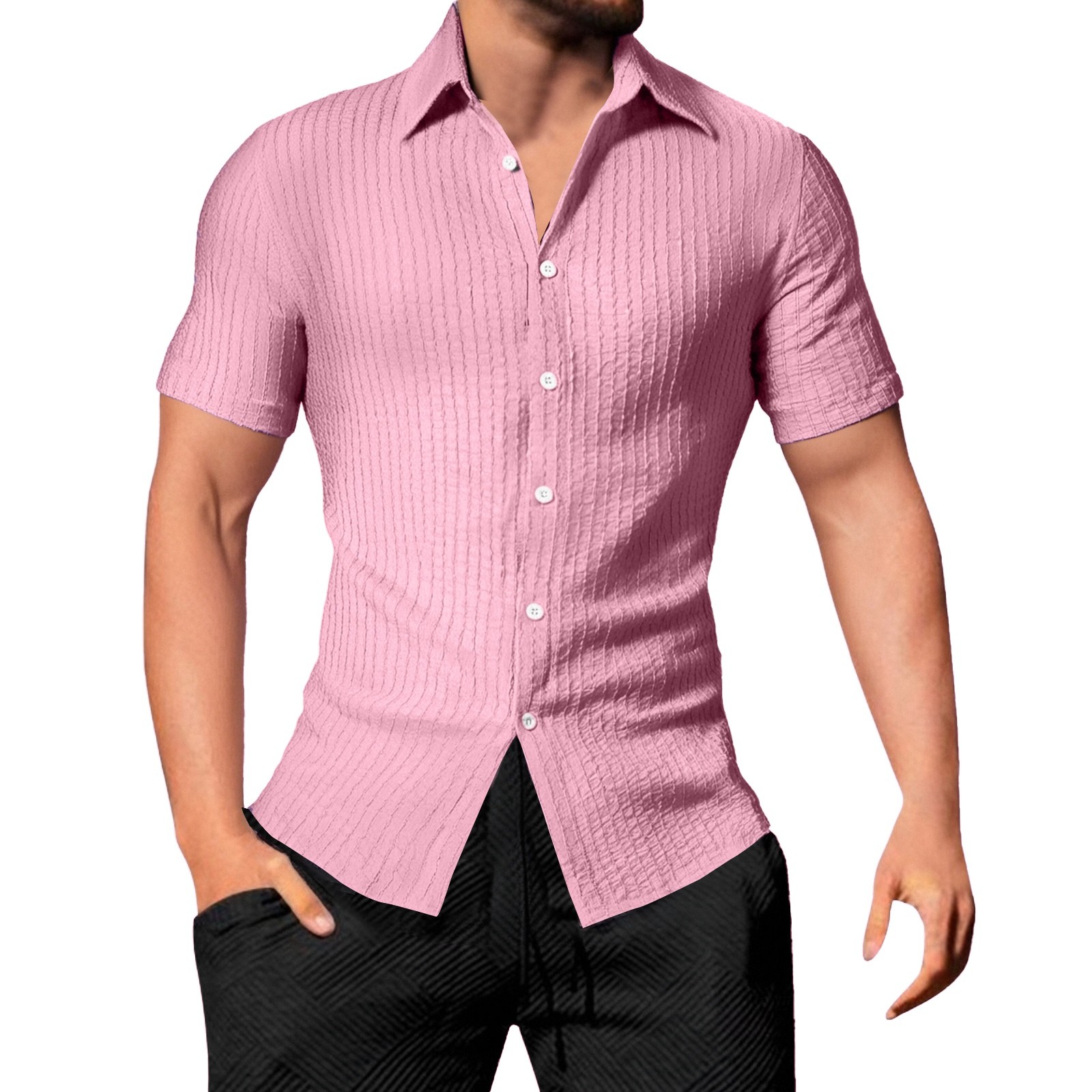 thumbnail image 2 of Camisa informal de manga corta a rayas para hombre: cuello abierto, corte holgado, para el verano, diseño resistente a las arrugas y fácil de cuidar, 2 of 6